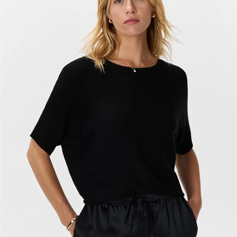 Quince Womens Lightweight Cotton Cashmere Link-Stitch Dolman Sweater Black L